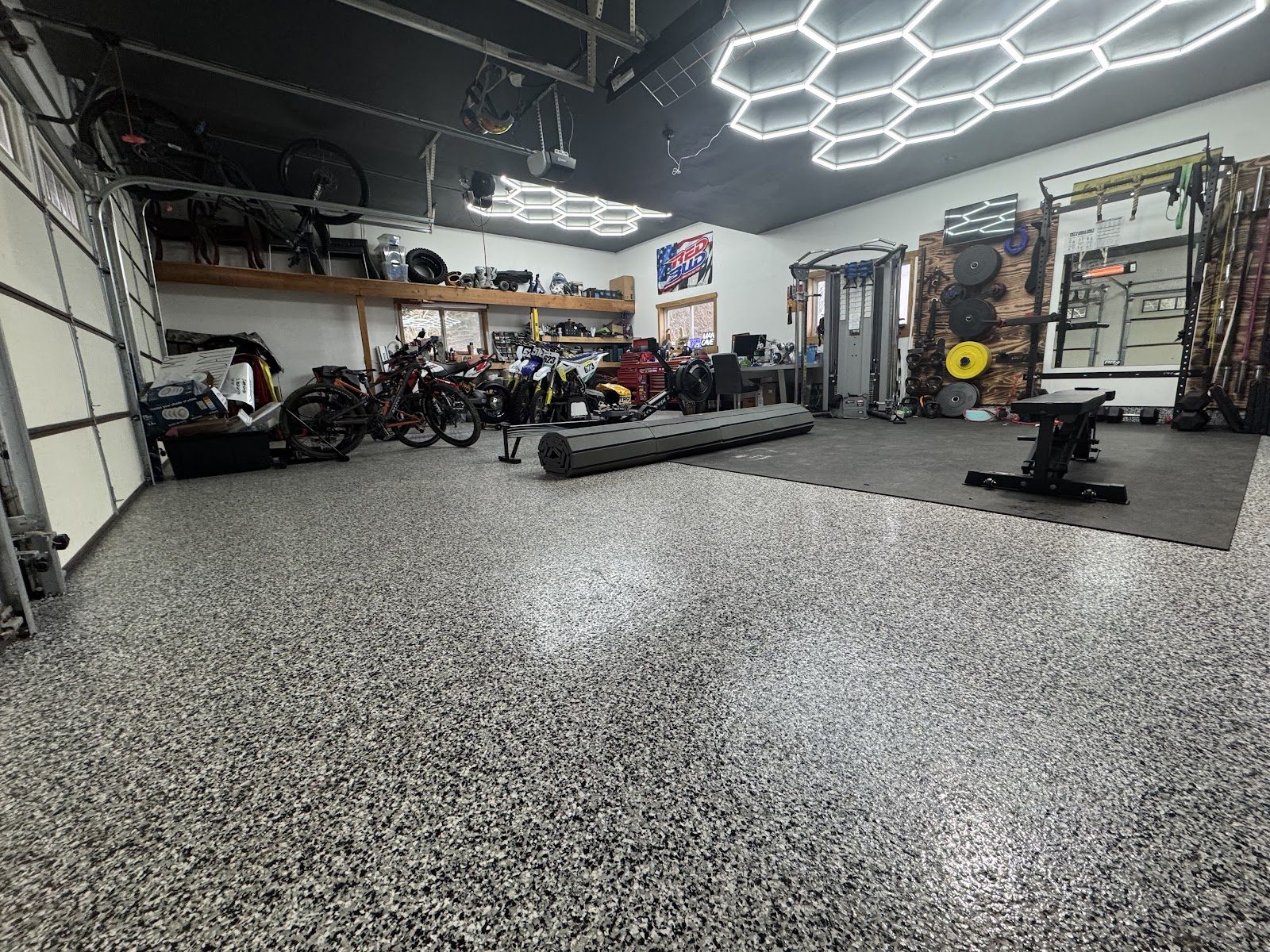 Finished flake garage floor with home gym